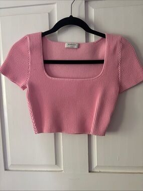 Babaton Bubblegum Pink Ribbed Square-Neck Crop Top